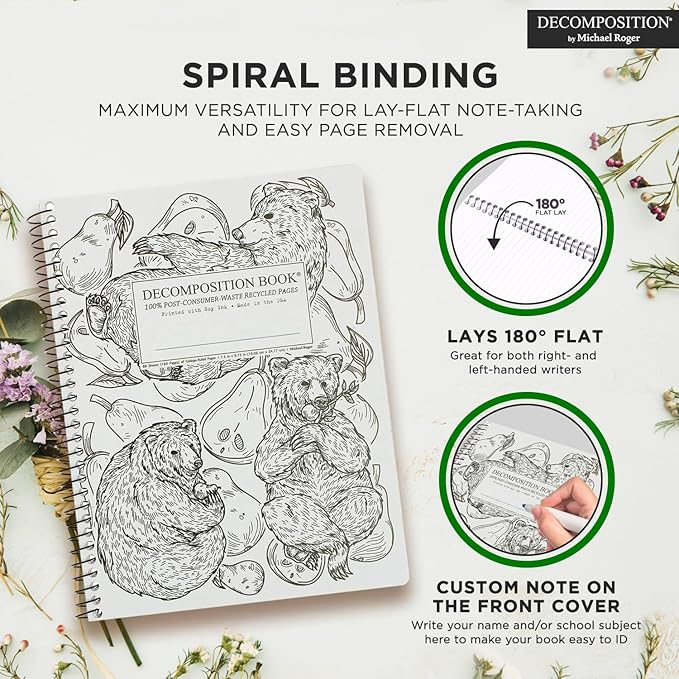 Decomposition Pear Bears College Ruled Spiral Notebooks – 9.75 x 7.5 Journal with 160 Lined Pages – Notebooks for School Supplies, Home & Office – 100% Recycled Paper – Made in USA