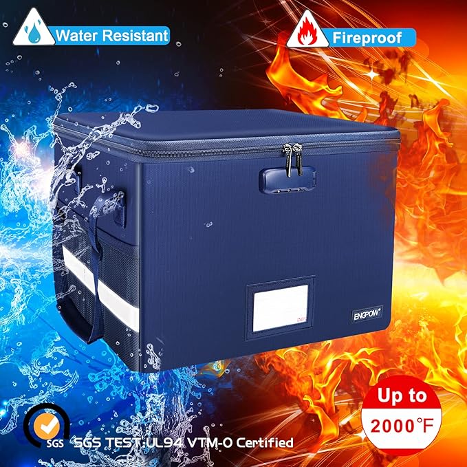 ENGPOW File Box with Lock, Fireproof Document Box with Zipper&Pockets, Collapsible File Organizer Filing Storage Cabinet with Handle, Portable Home Office Safe for Hanging Letter/Legal Folder, Blue