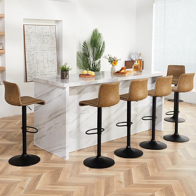 HeuGah Bar Stools Set of 3, Swivel Counter Height Barstools with Back, Adjustable Height 24" to 32", Whiskey Brown Faux Leather Bar Chairs for Kitchen Island (Whiskey Brown, Set of 3 (24'' to 32''))