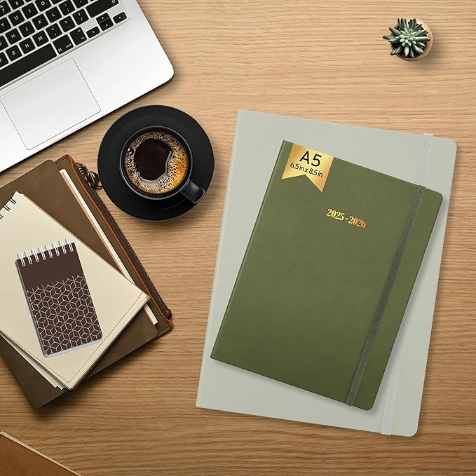 Ensight 2025-2026 HARDCOVER Leather Planner Weekly & Monthly - 6.5x8.5 Inches - Academic Planner Business Personal or Student - Pen Holder, Thick Paper, July 2025 - June 2026 (Olive Green)