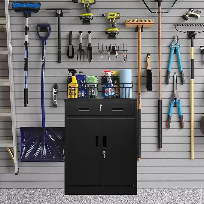 BESFUR Locking Storage Cabinet, Metal Cabinet with Oversized Drawer, Office Storage for Home, Garage, School - Black