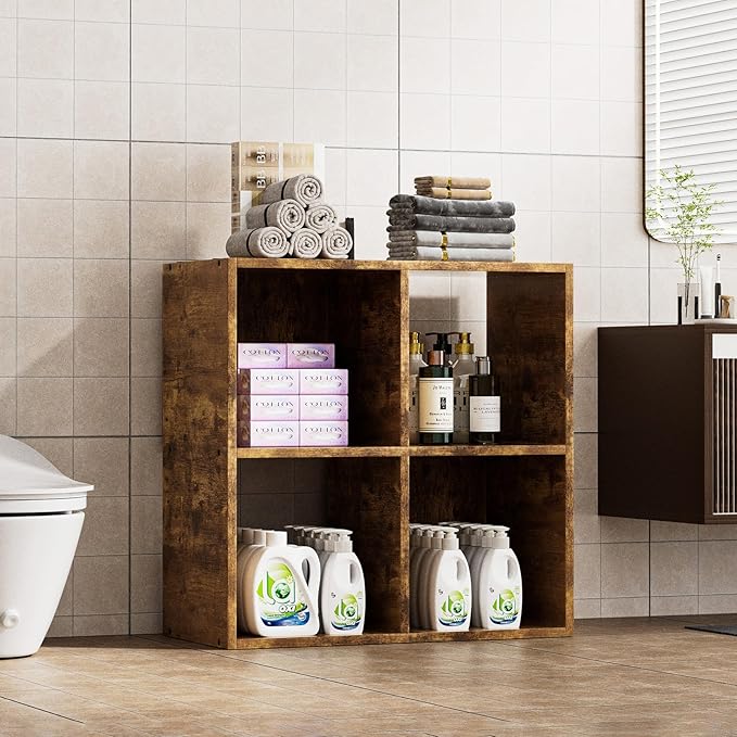 COMHOMA 4 Wood Cube Storage Organizer with Open Back and Removable Back Panels, 11In Brown Cube Storage Bookshelf, Cubicle Shelf Bookcase for Home Office Bedroom Living Room, Vertical or Horizontal