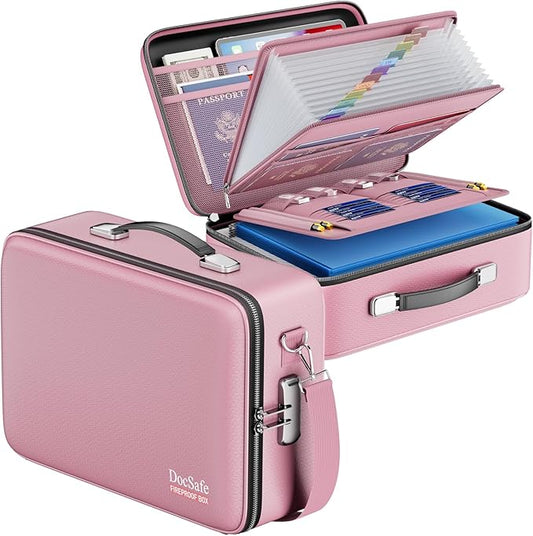 DocSafe Fireproof Document Box with Lock&Shoulder Strap,Hard Case File Organizer with Accordion File Folder,Multi-Layer Portable Home Office Travel Safe Storage for Important Documents Laptop Pink