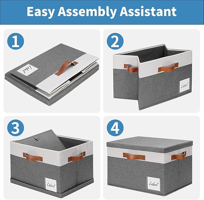 GhvyenntteS Storage Bins with Lids 3 Pack, Large Storage Baskets with Lids and Label, Foldable Fabric Storage Boxes with 3 PU Handles for Organizing Shelves Home Nursery Office (Grey, 15x11x9.6)