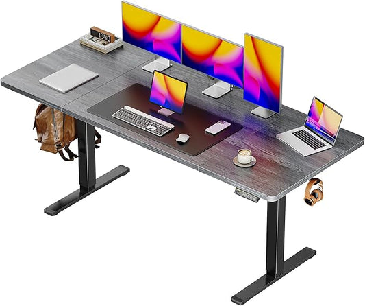Huuger 63 x 28 Large Electric Standing Desk, Height Adjustable Computer Desk, 27.6" Deep Desktop, Stand up Gaming Office Table with 2 Hooks, 3 Preset Heights, for Home Office, Grey