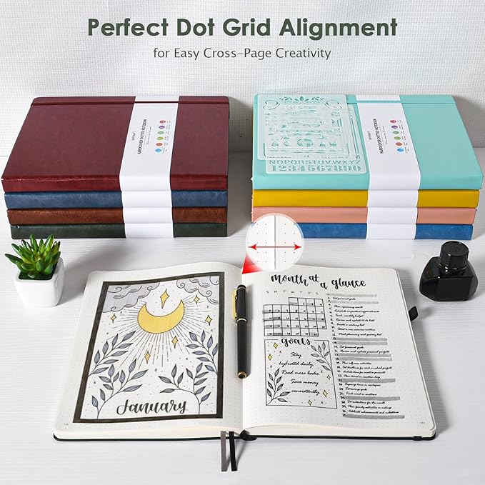 Dotted Journal Notebook, 312 Numbered Pages Large B5 Hardcover Leather Notebook, 100gsm No Bleed Paper Dot Grid Notebook with Index Pages, Dot Journal for Women Men, 7.6'' X 10'', Green