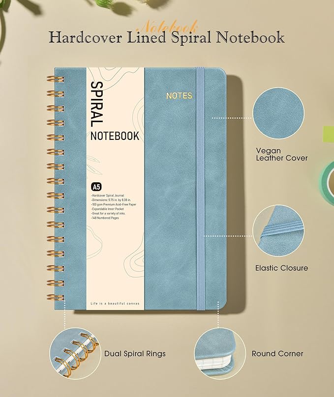 Graph Spiral Journal Notebook, A5 Hardcover Spiral Journals for Women Men, 100 GSM Graph Paper Notebooks, 150 Pages Spiral Bound Grid Notebook for Writing Note Taking Work 5.75" x 8.38", Misty Blue