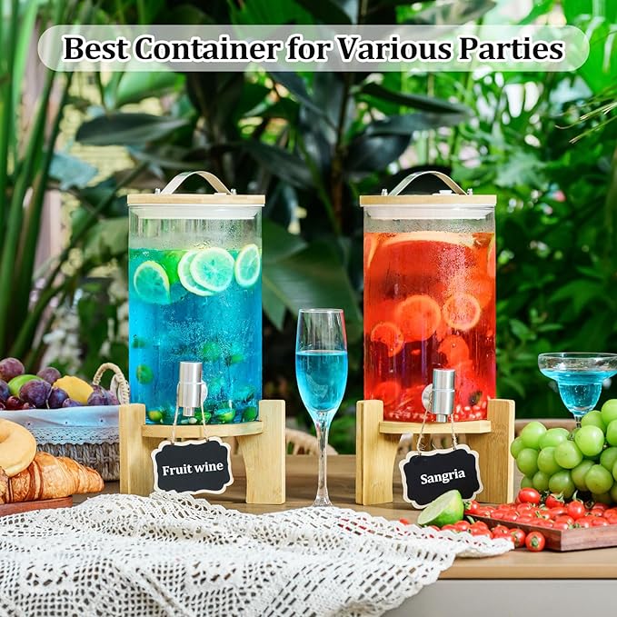1.2 Gallon Large Glass Drink Dispenser For Parties, Beverage Dispenser with Bamboo Wood Stand and Stainless Steel Spigot, Juice, Lemonade, Water jug dispenser, Laundry Detergent Dispenser (2 PACK)