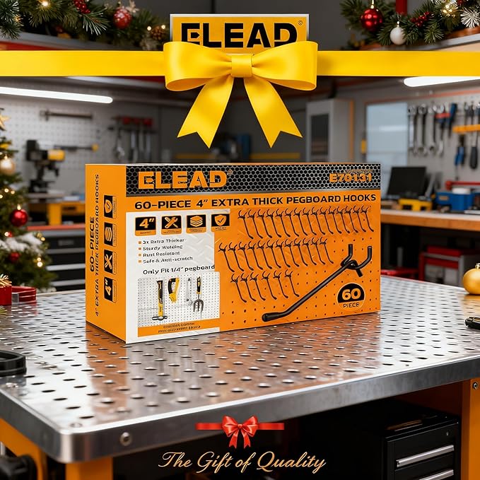 ELEAD 60-Piece 4 Inch Extra Thick Pegboard Hooks, Heavy Duty Peg Board Organizer Accessories, Peg Board Tool Hangers Fit for 1/4" Pegboard Hanging Tools Garage, Workshop, and Craft Storage