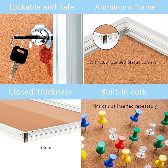 Cork Bulletin Board 24x36 inch Lockable Cork Noticeboard Enclosed Wall-Mounted Display Case for Office Classroom Home School Display Pictures (36x24, Natural Color)