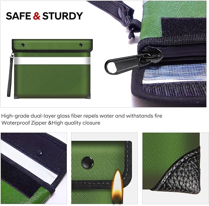 Upgraded 5200°F Heat Insulated Fireproof Money Bag with 8 Layers of Protective Material,13.9”x10.6” Fire Proof Bag for Documents with Zipper,Fireproof Pouch for Cash,Jewelry(Green)