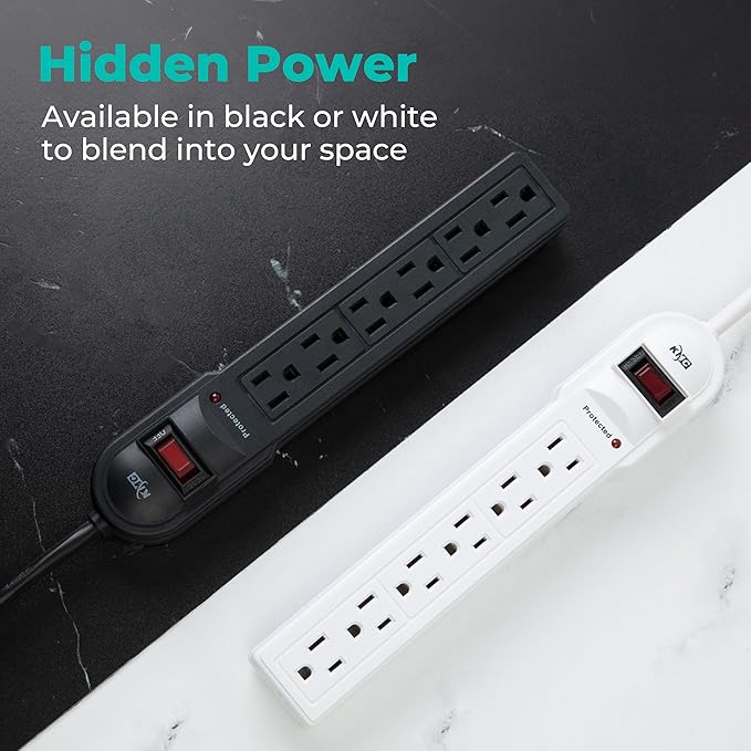 KMC 6-Outlet Surge Protector Power Strip 2-Pack, Overload Protection, 4-Foot Cord, 900 Joule - White