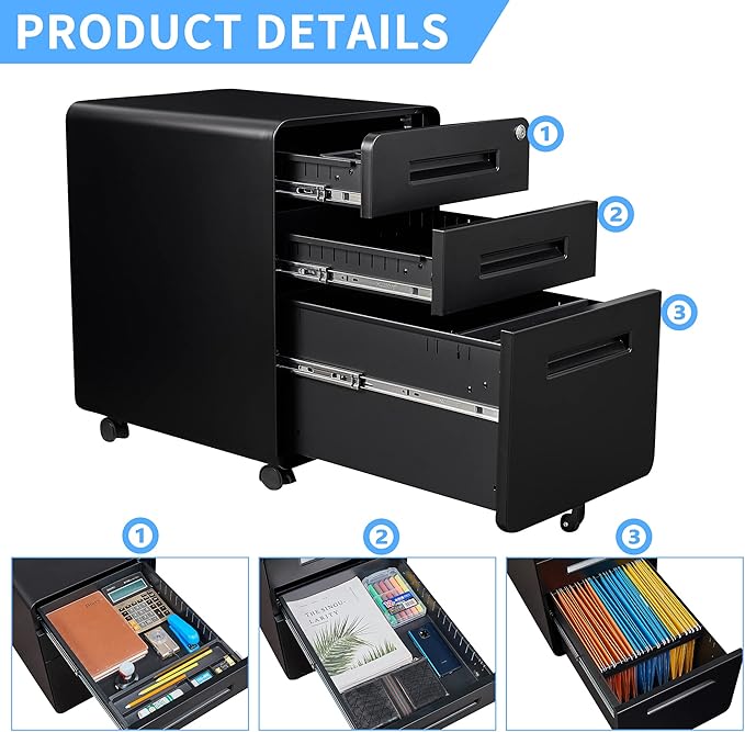 Letaya File Cabinet, 3 Drawer Filing Cabinets for Home Office with Lock Mobile Under Desk Fully Assembled Cabinet (Black)