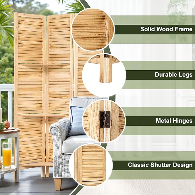 NicBex 6 Panel Room Divider,5.6FT Wood Carved Room Dividers with Display Shelves Folding Privacy Screens Portable Freestanding Partition Wall Dividers for Room Separation, Bedroom Office,Natural Wood