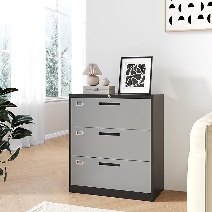 3 Drawer Lateral File Cabinet with Lock, Metal Steel Filling Cabinets for Home Office, Gray Lockable Storage Cabinet for Hanging Files Letter/Legal/F4/A4 Size-Assembly Required