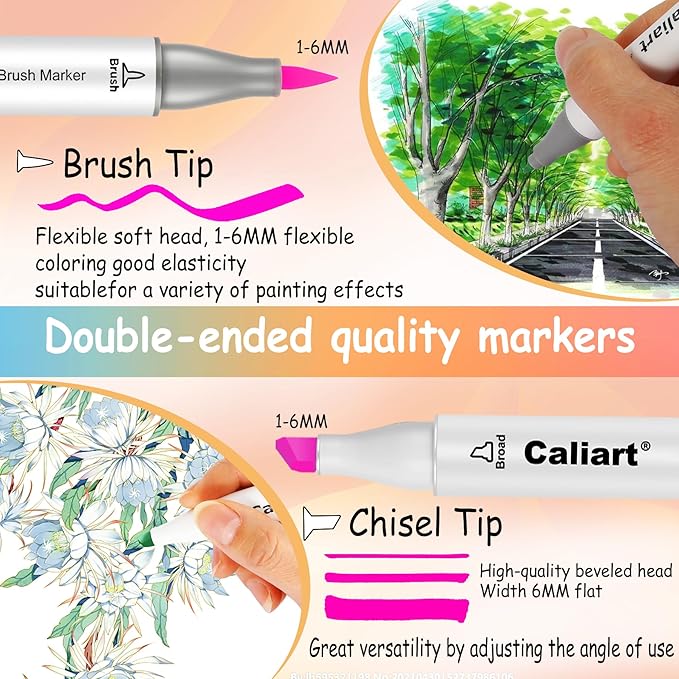 Caliart 61 Colors Pastel Alcohol Markers, Brush & Chisel Dual Tip Pens for Adult Coloring Book, Sketch Permanent Art Set for Easter Eggs Decorations Stuffers Drawing Supplies Gift