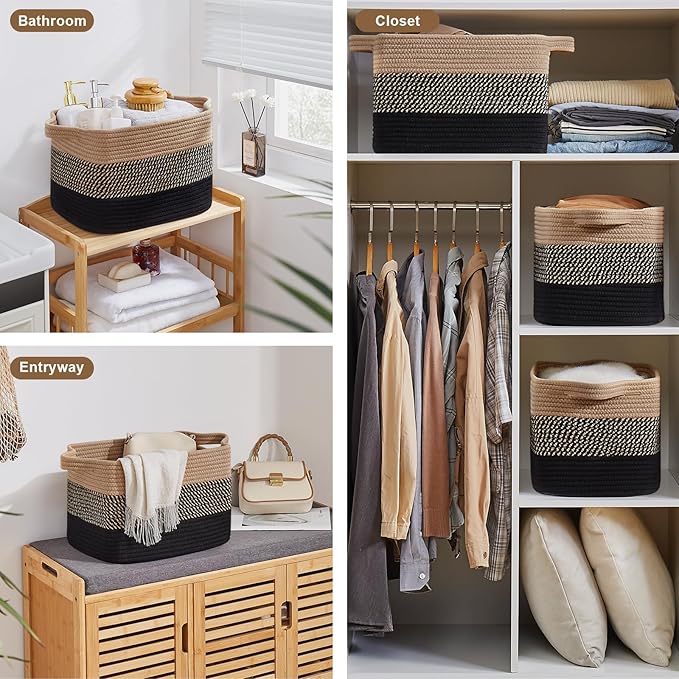 Storage Basket for Organizing, Woven Baskets for Storage, Rectangle Decorative Baskets for Shleves, Closet, Toys, Books, Nursery Organizer Bins - Pack of 3 (Black & Brown, 15.75"x11.8"x9.85")