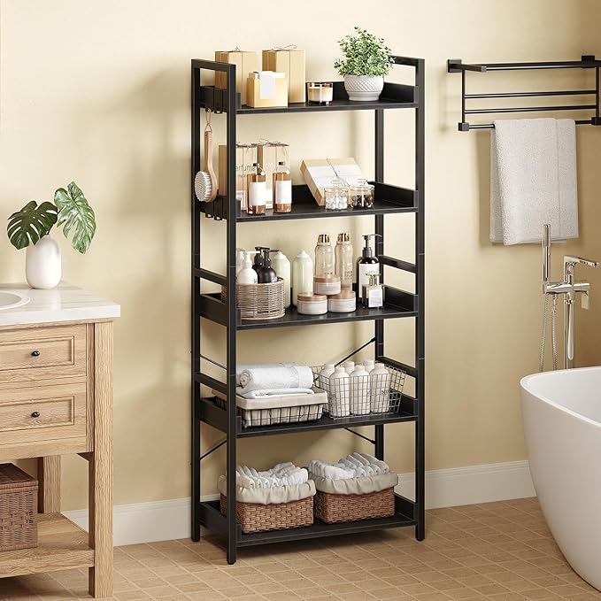 Rolanstar Bookshelf 5 Tier with 4 Hooks, Industrial Wood Bookcase, Vintage Storage Rack with Open Shelves, Rustic Standing Bookshelves Wood Frame Display Rack for Living Room, Bedroom, Black