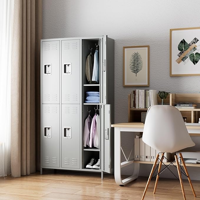 6 Doors Metal Lockers for Employees with Lock,Metal Storage Locker for Employees with 18 Hooks for School,Office, Gym,Home,Assembly Required,6 Doors Light Grey