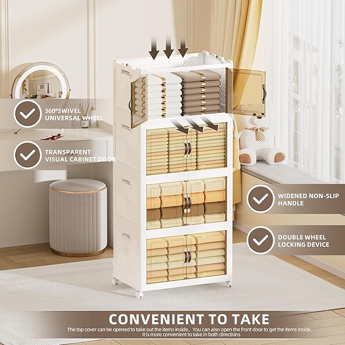 340 QT / 85 Gal Heavy Duty Double Door Storage Cabinet - Magnetic Closure, Foldable Stackable Design with Wheels & Leather Handles, Plastic Organizer for Garage/Bedroom