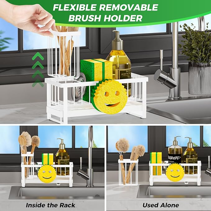 Sponge Holder for Kitchen Sink,Sink Caddy with Removable Dish Brush Holder,Self-Draining Kitchen Countertop Organizers and Storage Essentials,Soap Dispenser Organize and Home Decor-White