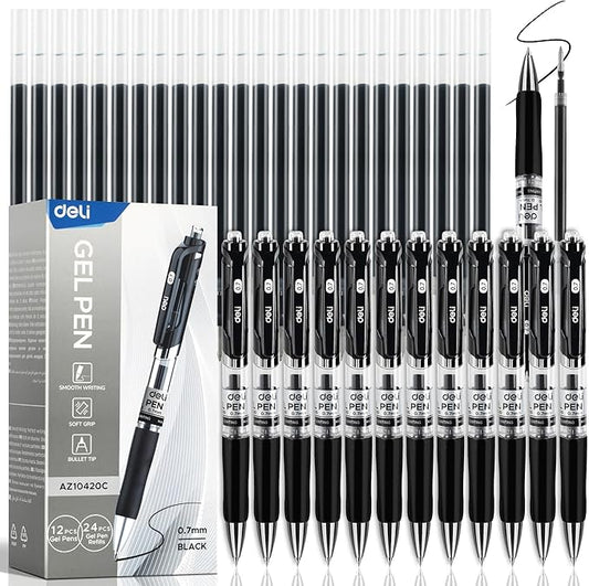 deli Gel Pens, 36 Pcs Retractable Black Ink, 12 Pens with 24 Refills,Medium Point Pen 0.7mm, Smooth Writing, Fast Dry, No Bleed for Journaling Note Taking, Home School Office Supplies