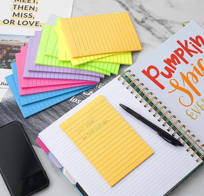 (12 Pack) Lined Sticky Notes 4x6 in Ruled Stickies Super Sticking Power Memo Pads Bright Colors