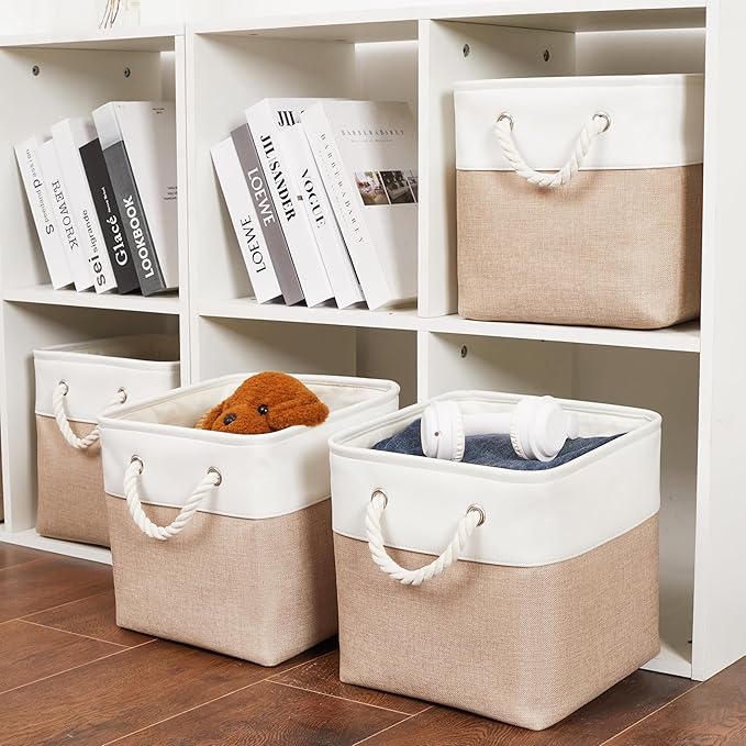 11 x 11 Inch Storage Cubes, 6 Pack Large Collapsible Fabric Storage Bin with Ropes, Foldable Storage Cubes for Home, Office,Closet, Clothes, Toys Organizer (White&Beige)