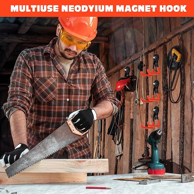 Landhoow Large Magnetic Hooks Heavy Duty Garage Magnet Hooks Strong Storage Utility Magnetic Hangers with Anti Slip Rubber Coating for Indoor and Outdoor Hanging(Orange,18 Pcs)