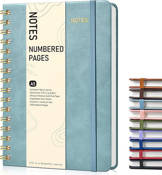 Lined Spiral Journal Notebook, A5 Hardcover Spiral Journals for Women Men, 150 Numbered Pages Spiral Bound Notebook, 100 GSM College Ruled Notebooks for Writing Note Taking 5.75" x 8.38", Misty Blue