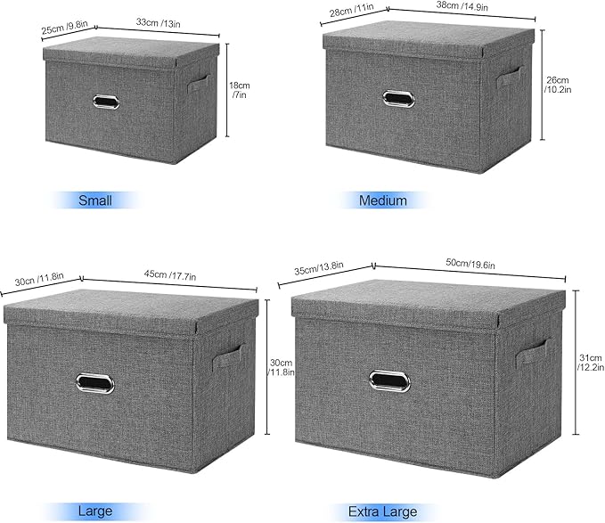 Large Linen Fabric Foldable Storage Bins with Removable Lid and Handles, Washable Storage Box Organizer Containers Baskets Cube with Cover for Bedroom,Closet,Nursery (Grey, Medium(2-Pack))