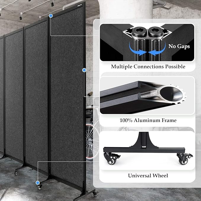 Upgrade Version Room Partition and Divider, Freestanding Rolling Dividers with Wheels,Office Privacy Screen Divider Wall,Classroom Felt Dividers,6'L* 6'7"H,3 Panel,Dark Grey