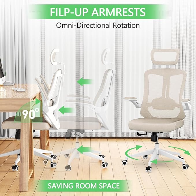 Desk Office Chair, Ergonomic High Back Comfy Computer Chairs with Wheels, Swivel Gaming Home Mesh Chair Comfortable Lumbar Support, Comfy Arms for Study, Home,Bedroom(Khaki)