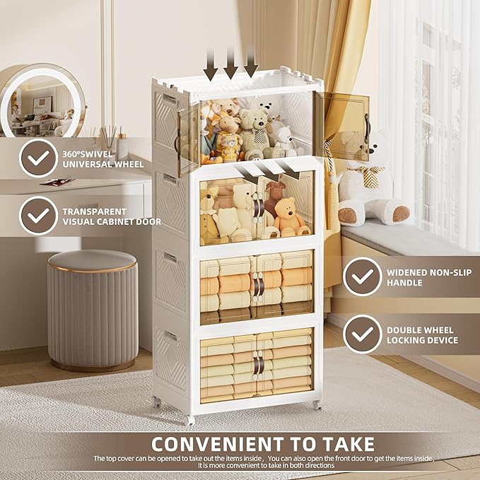 268 QT / 67 Gal Extra Wide Foldable Plastic Cabinet with Double Magnetic Doors & Leather Handles - Stackable, 4 Locking Wheels, Space Saving Storage for Small Spaces