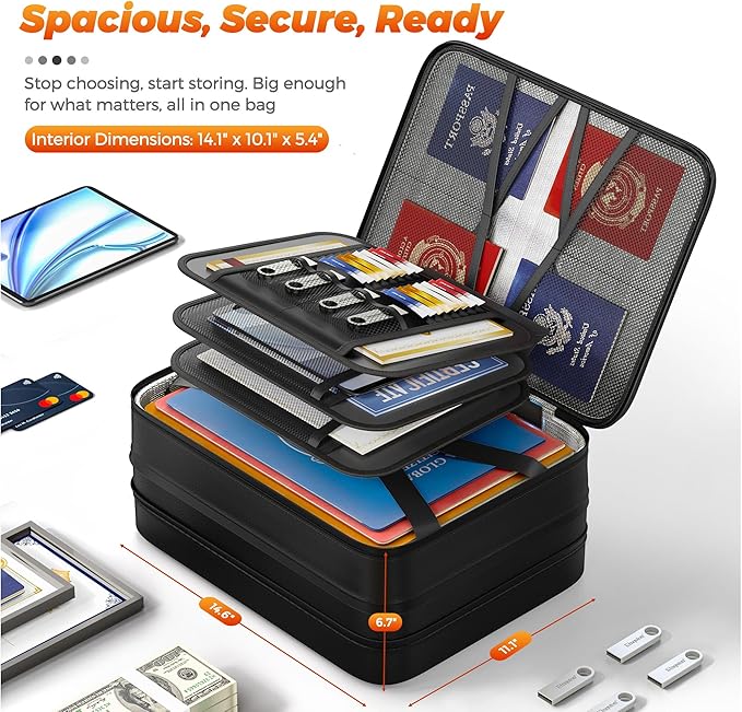 Nacial 5200℉ Fireproof Document Box with Lock, Expandable Document Organizer, Heat Insulated Fireproof Waterproof Box for File Storage, Portable Sturdy Handle for Important Documents Home Travel