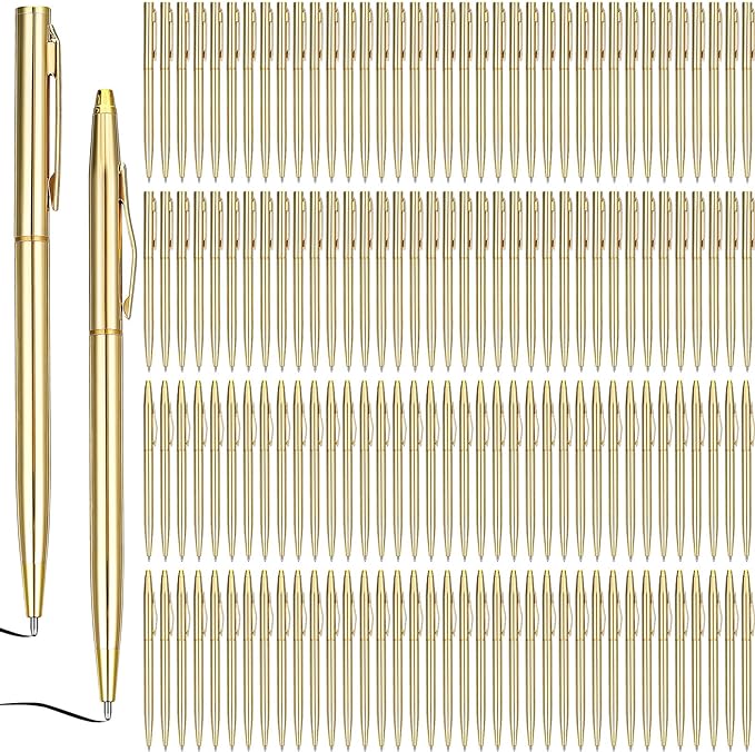 Fuutreo 150 Pack Wedding Gold Pens Bulk Gold Metal Pens Slim Ballpoint Retractable Ballpoint with Black Ink Mini Conical for Wedding Favors Guests, Office Business Teachers,1.0 mm