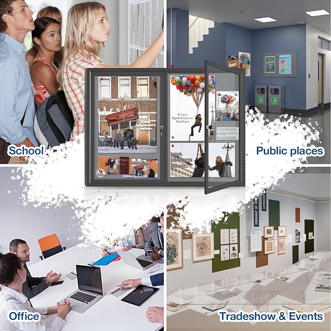 Enclosed Bulletin Board Lockable,Double-Door Weatherproof Outdoor Noticeboard with Locking Door, Wall-Mounted Aluminum Framed Presentation Board, 44x32 Inch (8xA4)