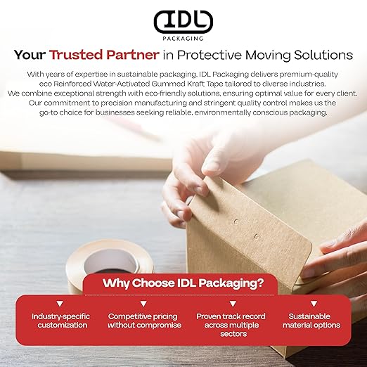 IDL Packaging 3" x 375 feet Reinforced Water-Activated Kraft Gummed Tape 70lb Thickness - Secure Paper Packing Tape for Secure Carton Sealing - Heavy-Duty for All Conditions, Brown