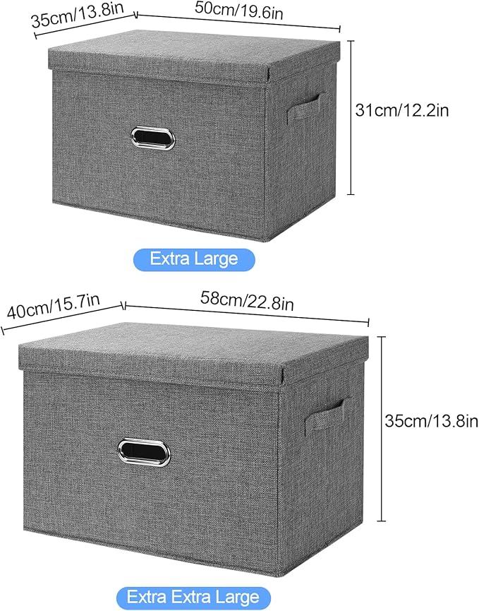 Large Linen Fabric Foldable Storage Bins with Removable Lid and Handles, Washable Storage Box Organizer Containers Baskets Cube with Cover for Bedroom,Closet,Office,Nursery (Grey, XXL)