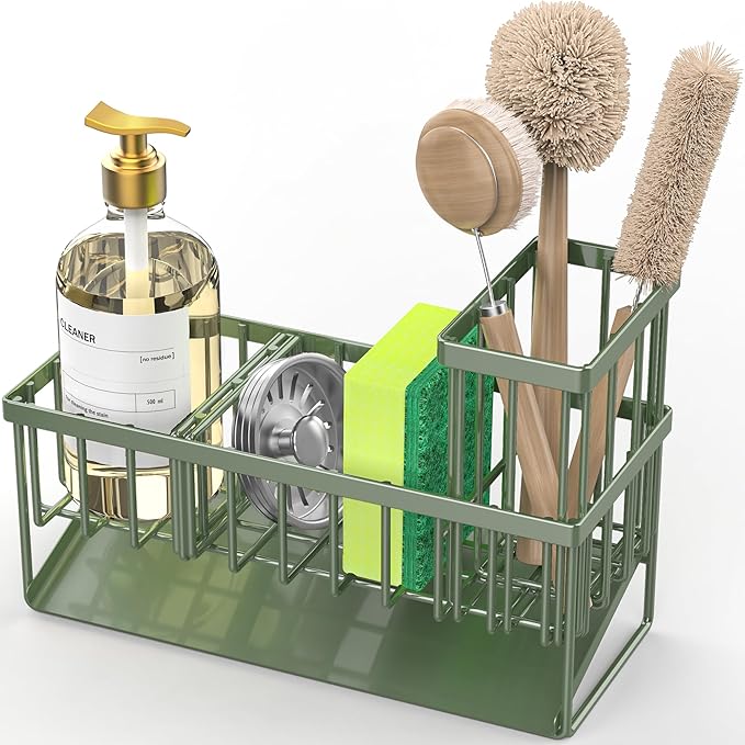 Cisily Kitchen Sink Caddy - Sponge Holder and Organizer with High Brush Holder, 304 Stainless Steel, Sage Green