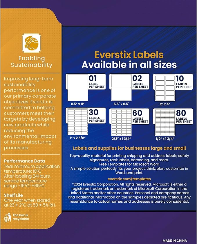 8.5" x 11", 100 Sheets, 100 Printable White Sticker Paper, Full Sheet Shipping Labels for Laser & Inkjet Printers, Letter Size