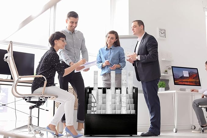 Adir Blue Print Storage Organizer - Mobile Roll File Cart, Construction Plan Holders, Blueprint Cabinet with Wheels, Roll Files Storage for Office and Home (50 Slots, Black)