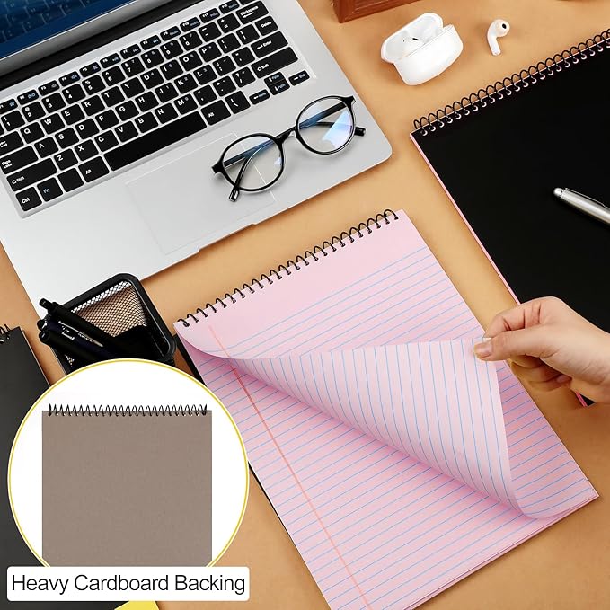 6 Pcs Legal Pad Top Spiral Bound Notebook 70 Sheets Wirebound Notepad Double Sided Ruled Memo Steno Book with Stiff Back Cover for Business(8.5 x 11 Inches,No Holes,Pink)