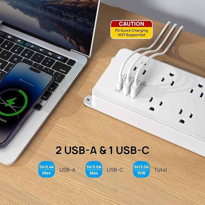 TROND Surge Protector Power Strip Flat Plug, 15ft Long Extension Cord, 7 Widely-Spaced Outlets with 2 USB-A & 1 USB-C, ETL Listed, 1700J, Wall Mountable, for Home Office Garage, White