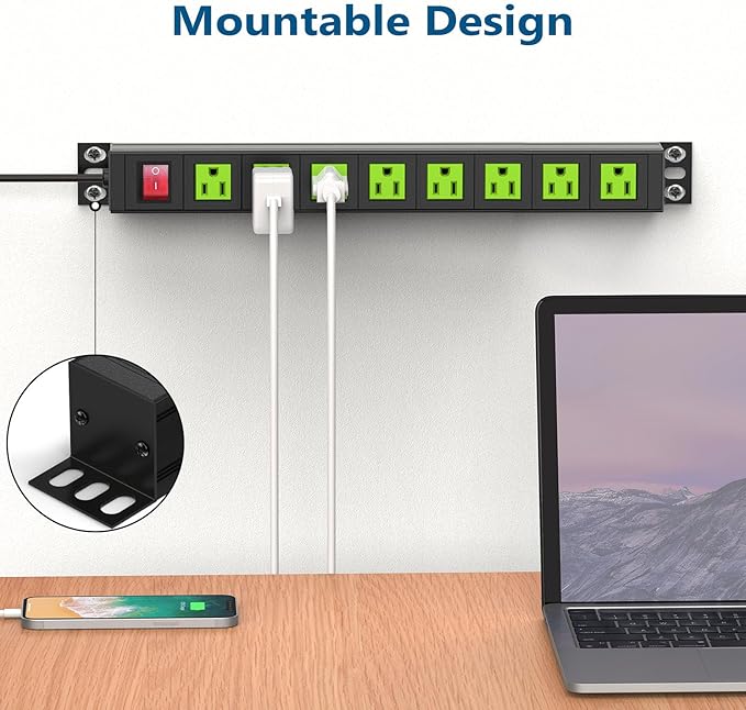 Metal 8 Outlet Mountable Power Strip, Wall Mount Outlet Heavy Duty, Commercial Shop Power Strip with Switch, 15A 125V 1875W, 300J (Green 6FT)