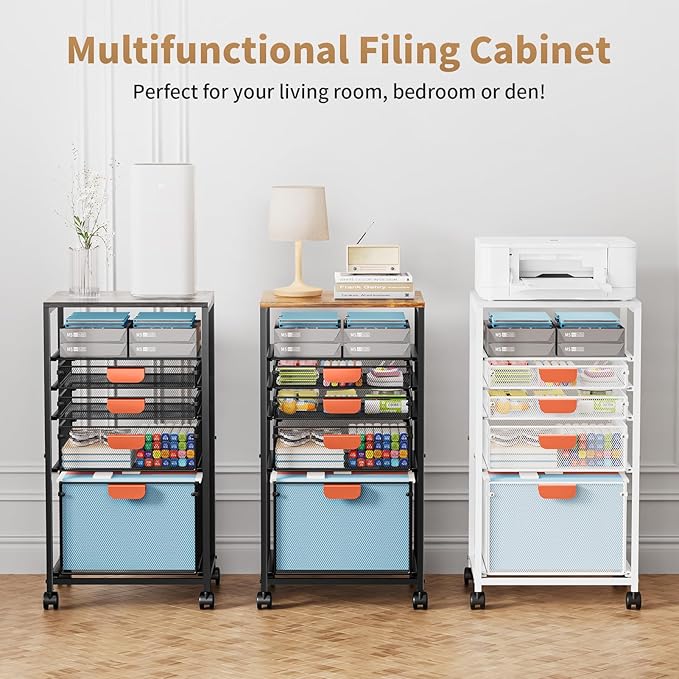 Marbrasse Rolling File Cart with 4 Storage Drawers, Mobile File Cabinet on Lockable Wheels, Hanging Filing Cabinet Organize, Under Desk Utility Cart for Home Office