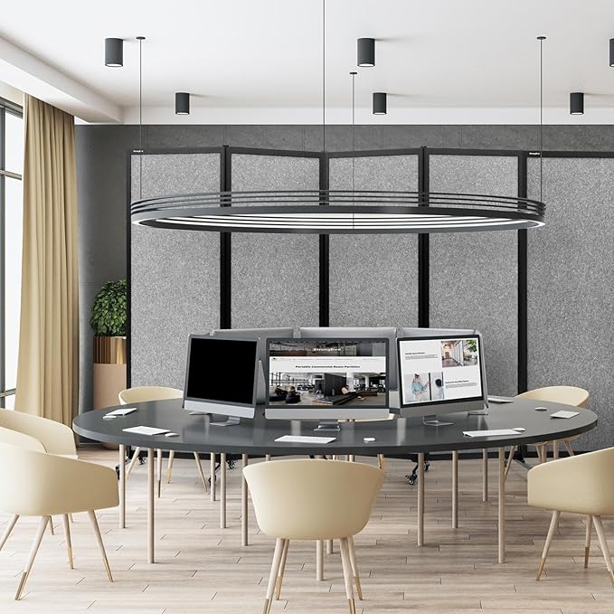 Upgrade Version Room Partition and Divider, Freestanding Rolling Dividers with Wheels,Office Privacy Screen Divider Wall,Classroom Felt Dividers,8'2"L* 6'7"H,4 Panel,Light Grey