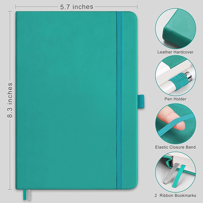 RETTACY Bullet Dotted Journal Notebook, 2-Pack, 160 Numbered Pages per Pack, A5 Medium Size (5.7'' x 8.3''), 120 GSM Thick Paper, Leather Hardcover, for Bullet Journaling (Black & Cyan)
