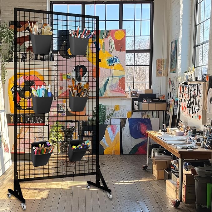 G.CORE Large Grid Wall Bins - 6Pack Black Gridwall Accessories Hanging Cups with Back Hooks - Plastic Grid Wall Panels Organizers Wire Shelves Holders for Garage Garden Craft Office Tools Storage