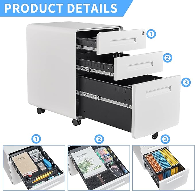 Letaya File Cabinet, 3 Drawer Filing Cabinets for Home Office with Lock Mobile Under Desk Fully Assembled Cabinet (White)